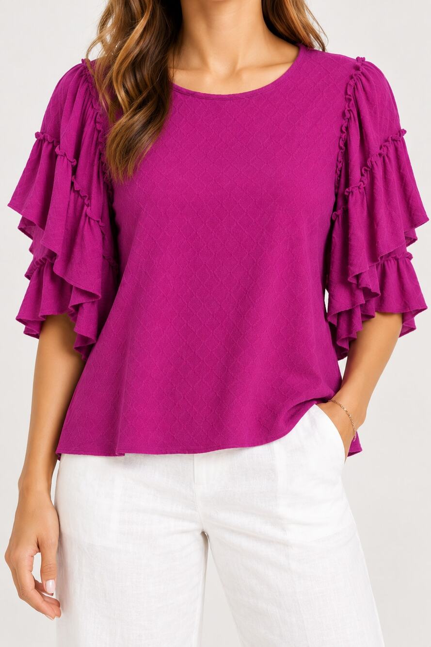 Mary & Mabel Blouse Fuchsia Ruffle Flutter Sleeve Made USA Vintage Size-M